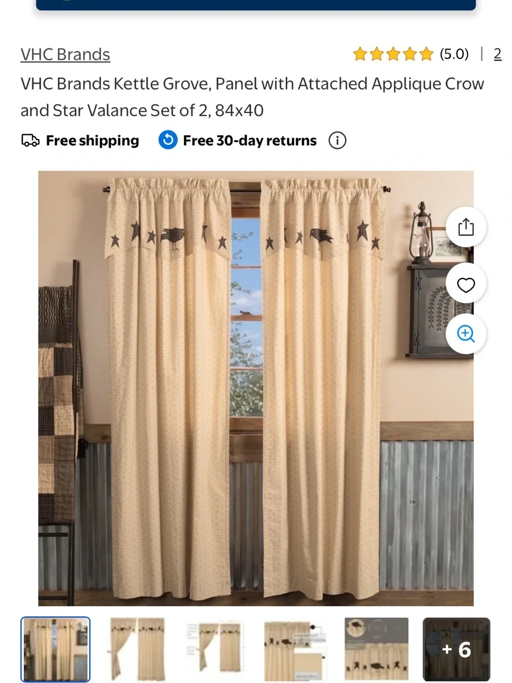 Kettle grove country curtains w/attached appliqué crow &star valance 40x84 tan
